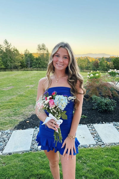 Strapless Royal Blue Ruched Tiered Short Dress