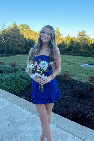 Strapless Royal Blue Ruched Tiered Short Dress
