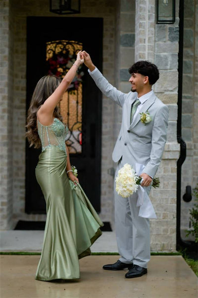 Strapless Sage Green Appliques Long Dress with Slit
