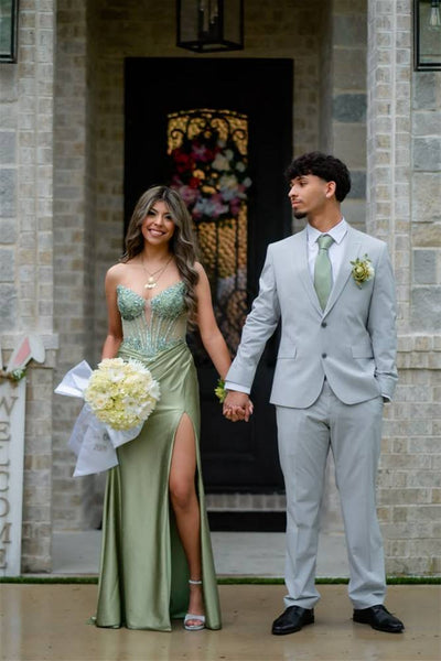 Strapless Sage Green Appliques Long Dress with Slit
