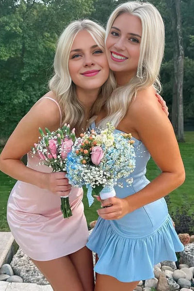Strapless Sky Blue Ruffled Hem A-line Short Dress