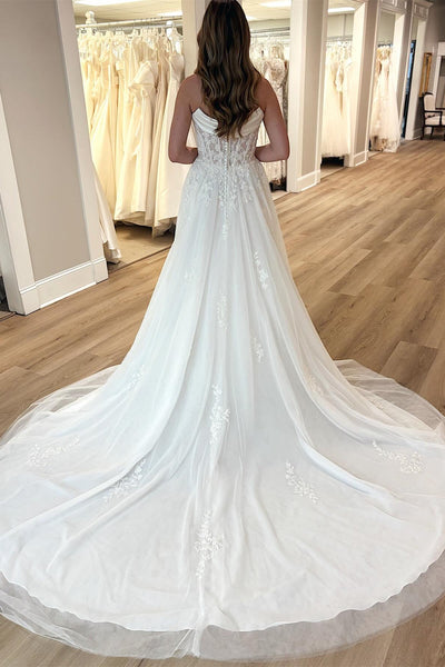 Strapless White Appliques Wedding Dress with Slit