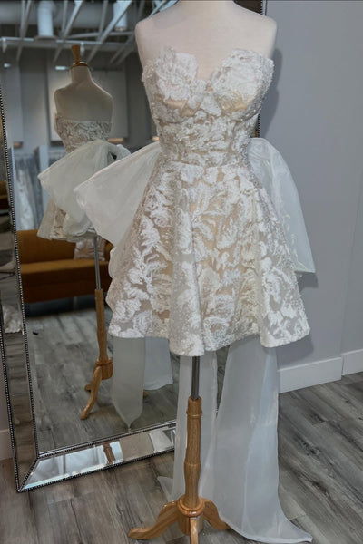 Strapless White Back Bow Embroidery Wedding Dress