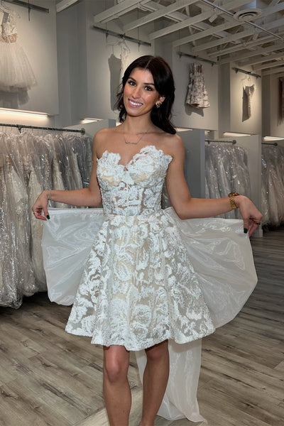 Strapless White Back Bow Embroidery Wedding Dress