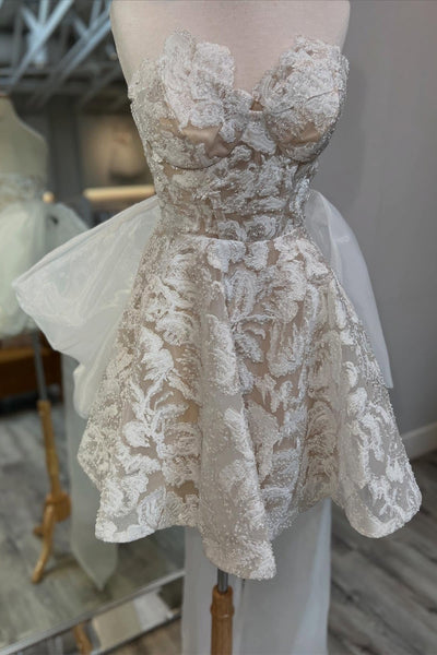 Strapless White Back Bow Embroidery Wedding Dress