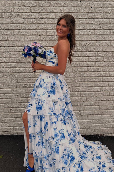 Strapless White Floral Print Tiered Long Dress