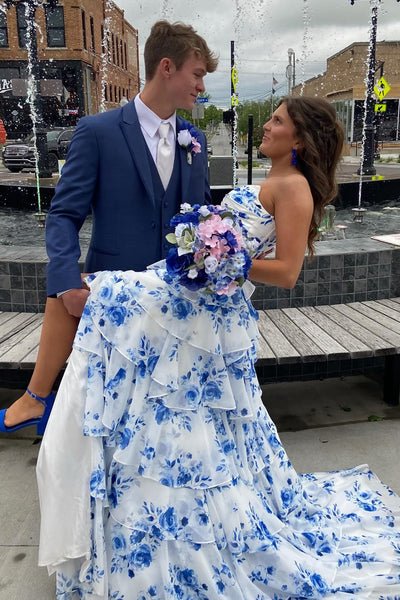 Strapless White Floral Print Tiered Long Dress
