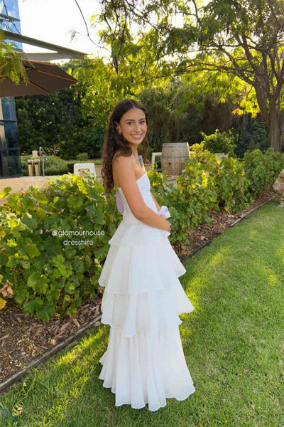 Strapless White Pleated Ruffle Tiered Long Dress