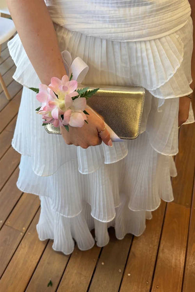 Strapless White Pleated Ruffle Tiered Long Dress