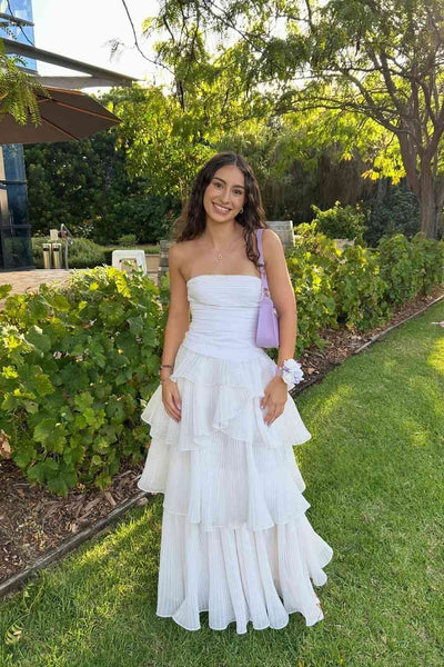 Strapless White Pleated Ruffle Tiered Long Dress
