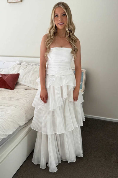 Strapless White Pleated Ruffle Tiered Long Dress
