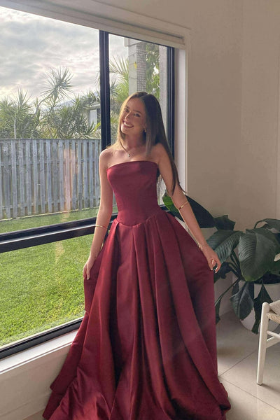 Strapless Wine Red Pleated Long Dress with Slit