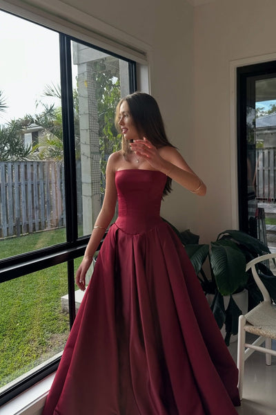 Strapless Wine Red Pleated Long Dress with Slit