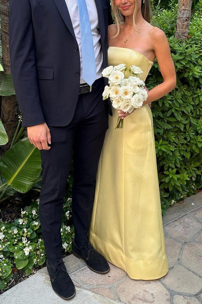 Strapless Yellow A-line Satin Long Dress with Pockets
