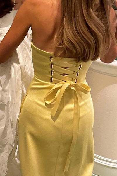 Strapless Yellow A-line Satin Long Dress with Pockets