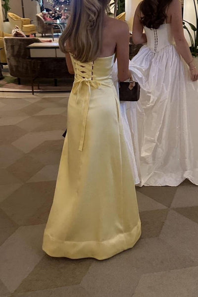 Strapless Yellow A-line Satin Long Dress with Pockets