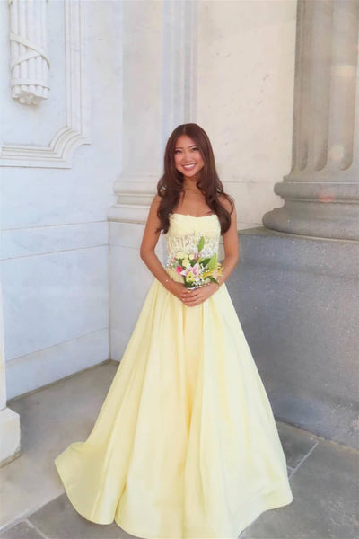 Strapless Yellow Appliques A-line Long Dress