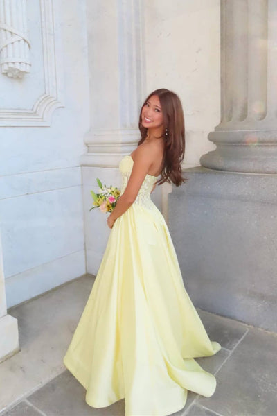 Strapless Yellow Appliques A-line Long Dress