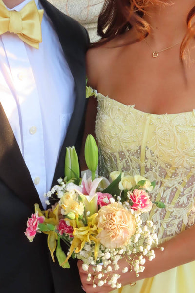 Strapless Yellow Appliques A-line Long Dress