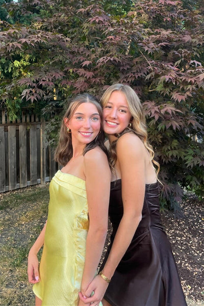 Strapless Yellow Cowl Back Satin Short Dress