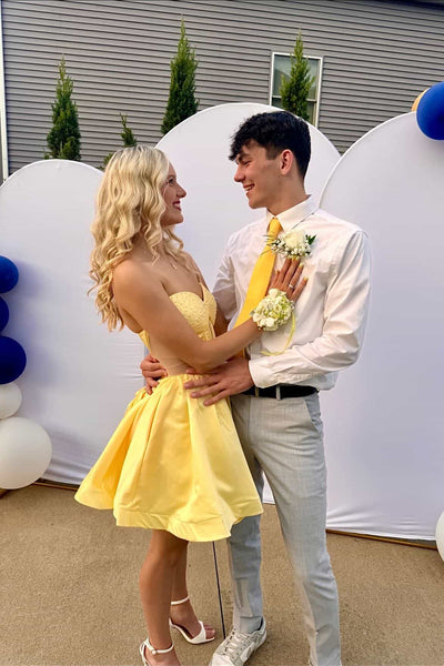 Strapless Yellow Embellished Short Dress with Cutout