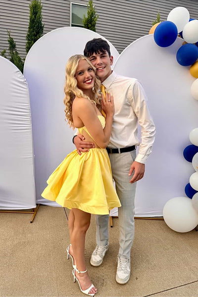 Strapless Yellow Embellished Short Dress with Cutout