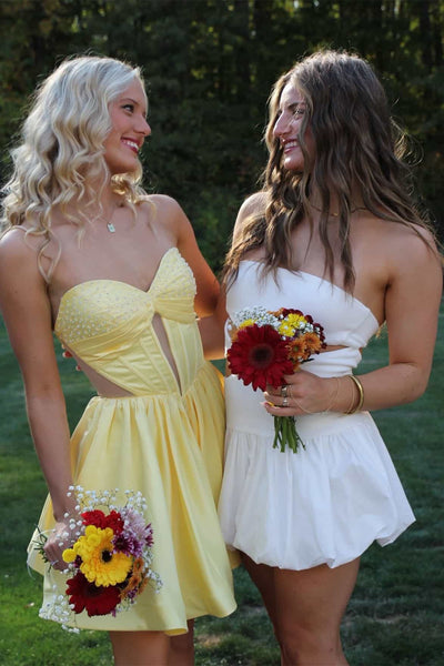 Strapless Yellow Embellished Short Dress with Cutout