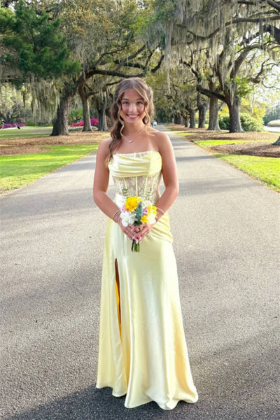 Strapless Yellow Lace Corset Long Dress with Slit