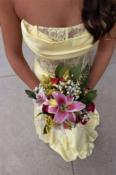 Strapless Yellow Lace Corset Long Dress with Slit