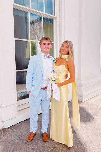 Strapless Yellow Pleated Long Dress with Scarf