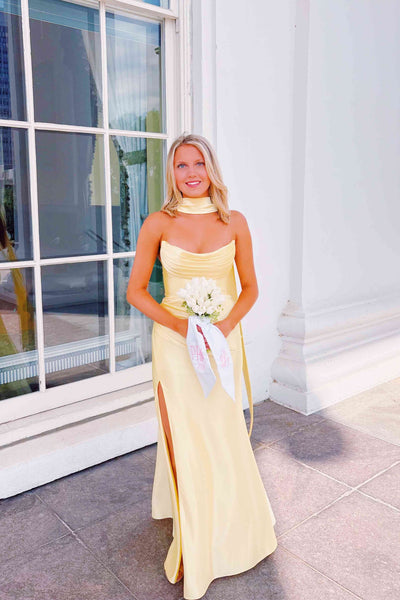 Strapless Yellow Pleated Long Dress with Scarf
