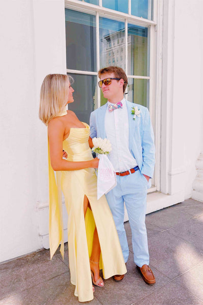 Strapless Yellow Pleated Long Dress with Scarf