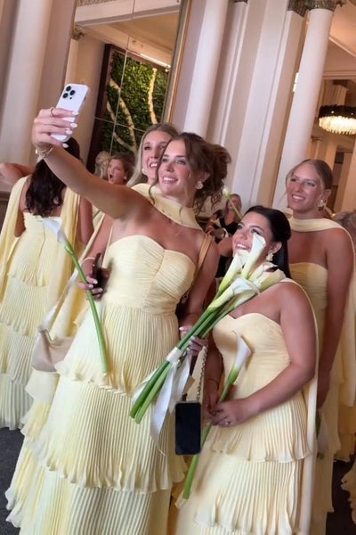 Strapless Yellow Pleated Tiered Long Dress with Scarf