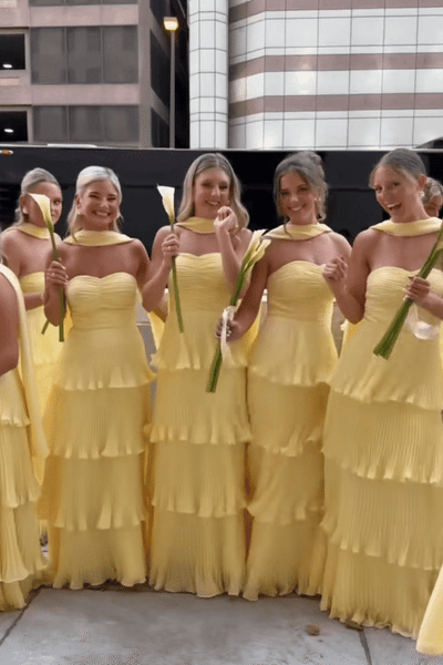 Strapless Yellow Pleated Tiered Long Dress with Scarf