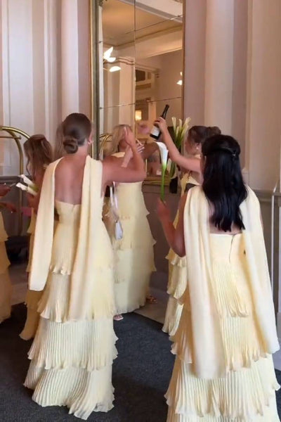 Strapless Yellow Pleated Tiered Long Dress with Scarf