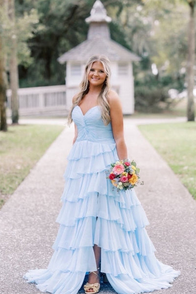 Strapless Yellow Pleated Tiered Long Dress with Slit