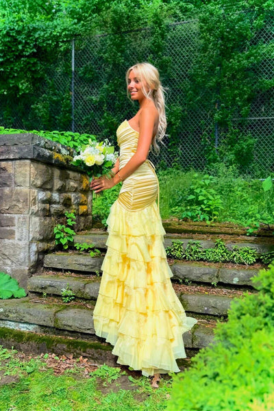 Strapless Yellow Pleated Tiered Long Dress with Slit