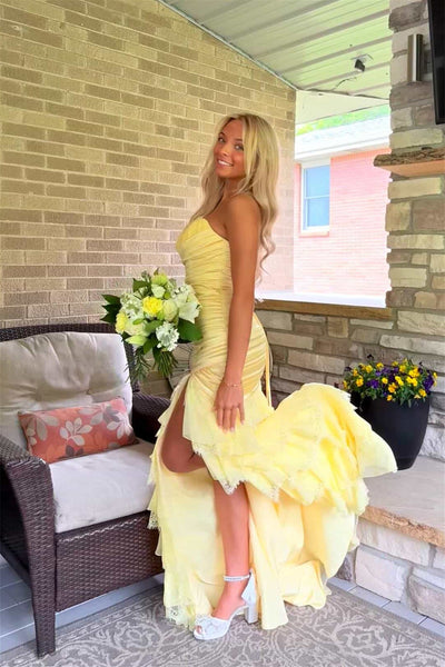 Strapless Yellow Pleated Tiered Long Dress with Slit