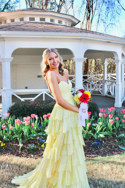 Strapless Yellow Pleated Tiered Long Dress with Slit