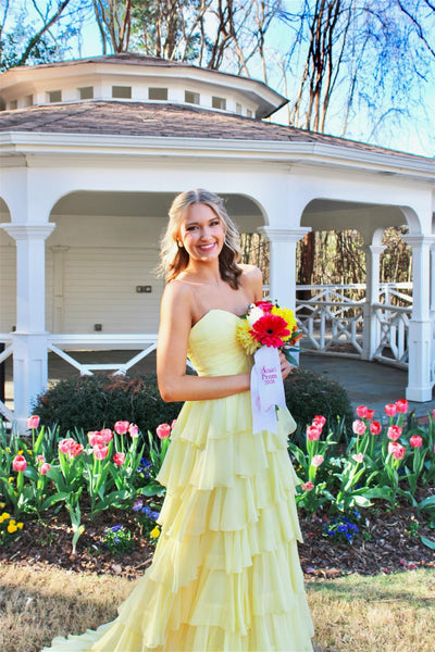 Strapless Yellow Pleated Tiered Long Dress with Slit