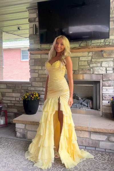 Strapless Yellow Pleated Tiered Long Dress with Slit
