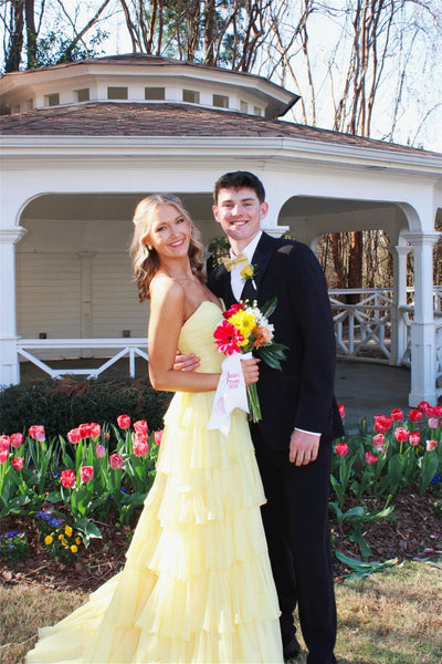 Strapless Yellow Pleated Tiered Long Dress with Slit