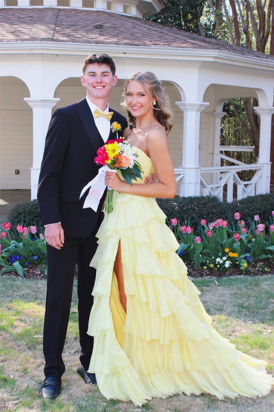 Strapless Yellow Pleated Tiered Long Dress with Slit
