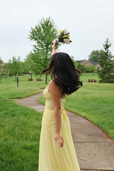 Strapless Yellow Ruched A-line Long Dress with Scarf