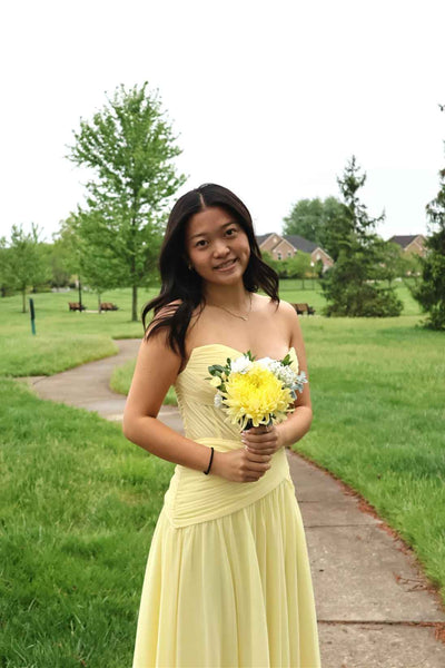 Strapless Yellow Ruched A-line Long Dress with Scarf