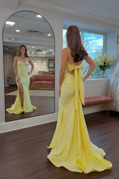Strapless Yellow Ruched Back Tie Long Dress with Slit