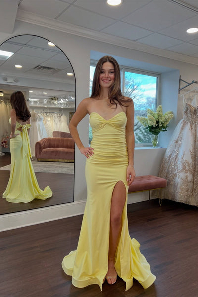 Strapless Yellow Ruched Back Tie Long Dress with Slit