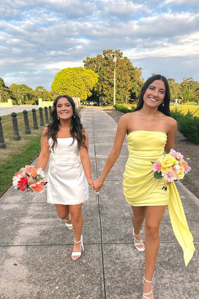 Strapless Yellow Ruched Short Dress with Side Train