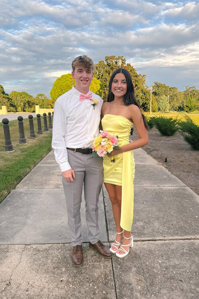 Strapless Yellow Ruched Short Dress with Side Train