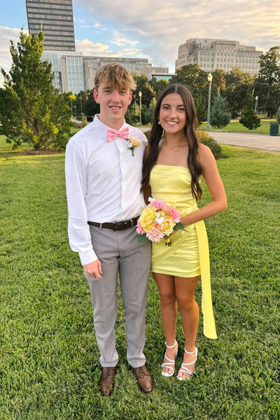 Strapless Yellow Ruched Short Dress with Side Train